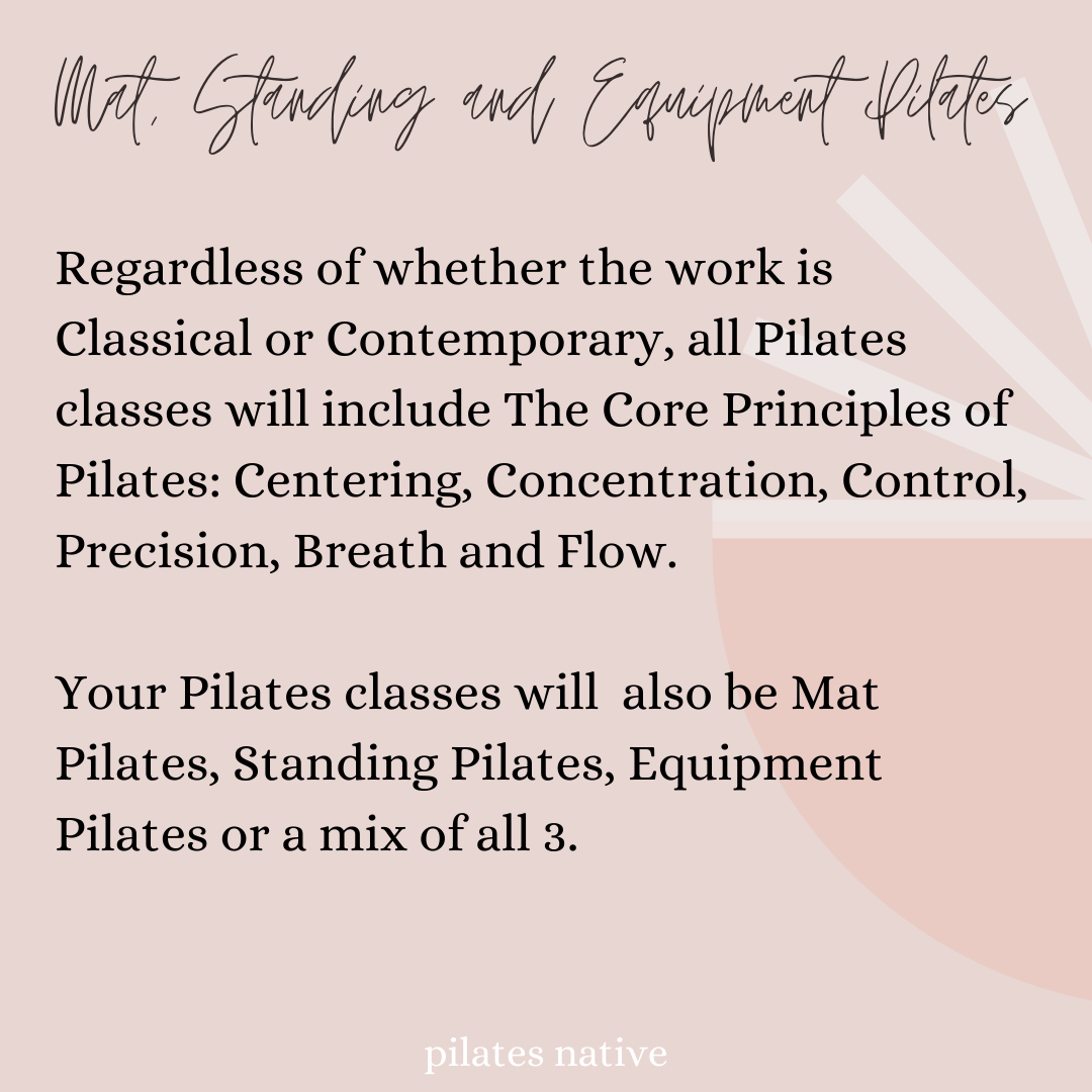 pink background with a quick description of the types of Pilates classes