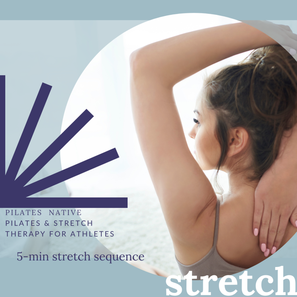 graphic includes purple and grey designs while featuring a back view of a woman performing a shoulder stretch