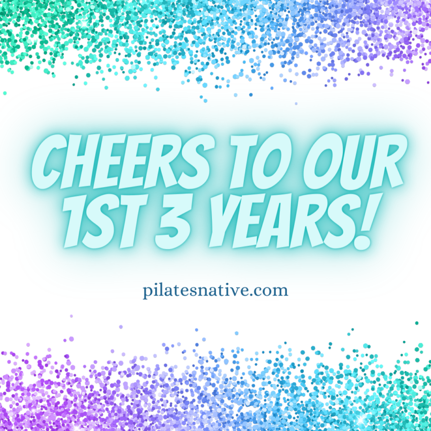 glitter on a white background. the words "cheers to our 1st three years" on in happy font in the center of the block.