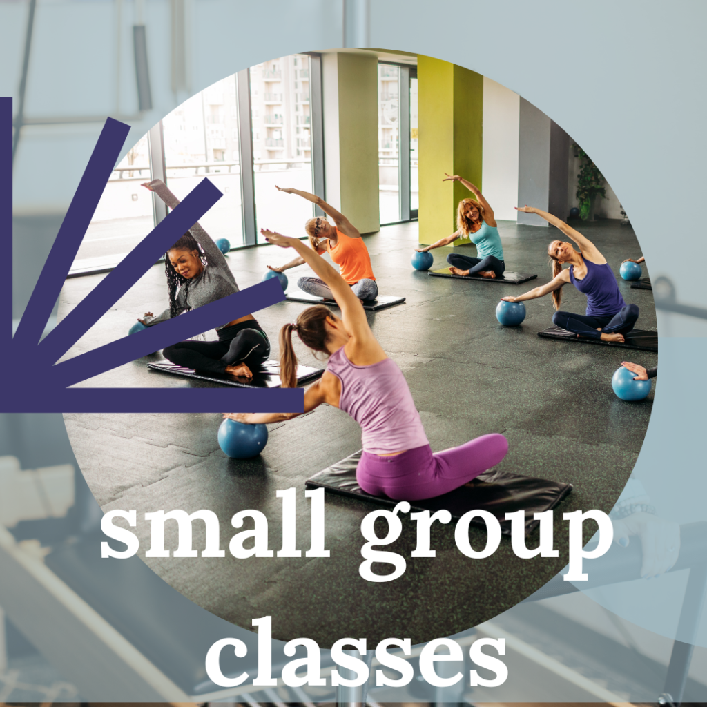 purple and grey designs overlaid over a group of people sitting on the floor doing Pilates side stretch