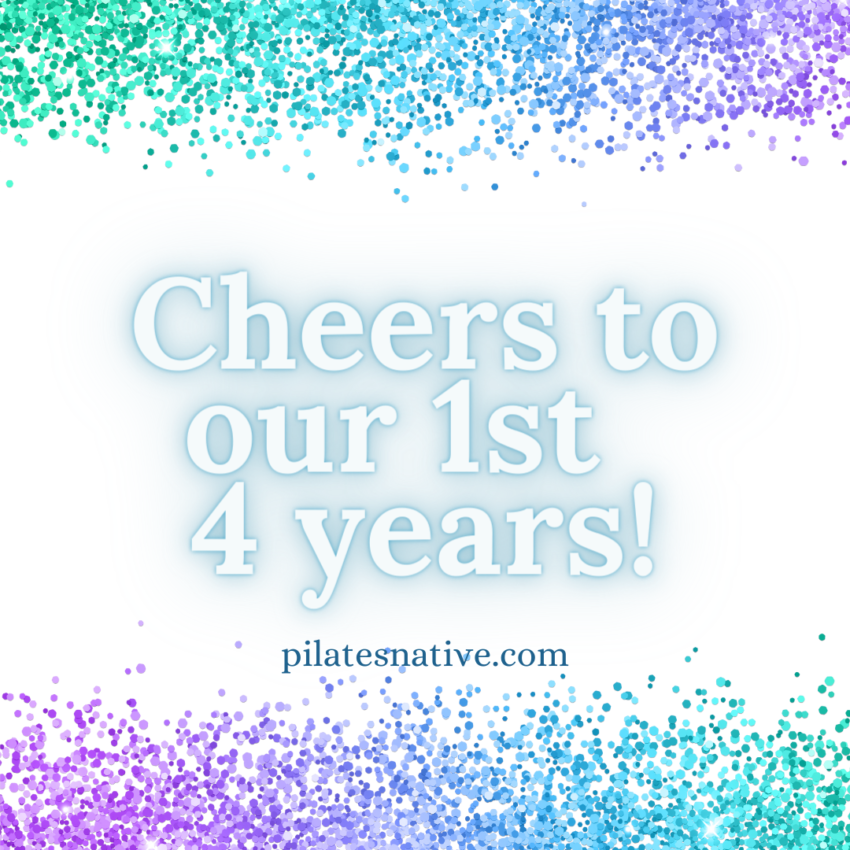 colorful confetti spread on a white background with the words "cheers to our first four years"